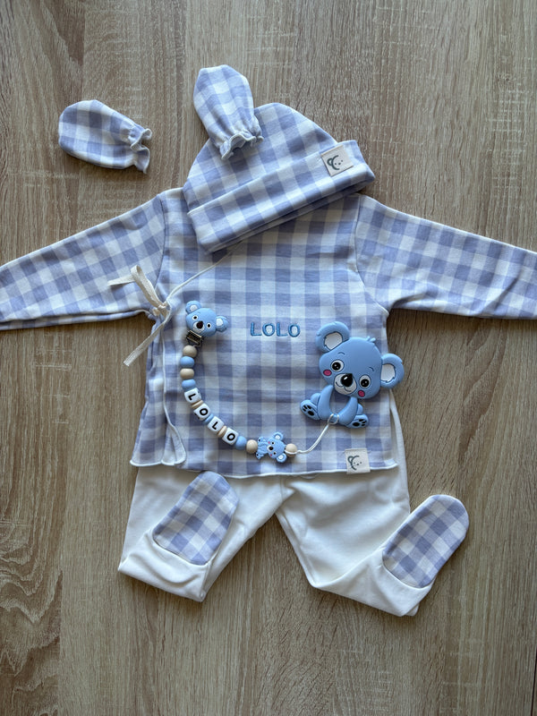 Pack conjunto de primera puesta vichy azul con chupetero y mordedor