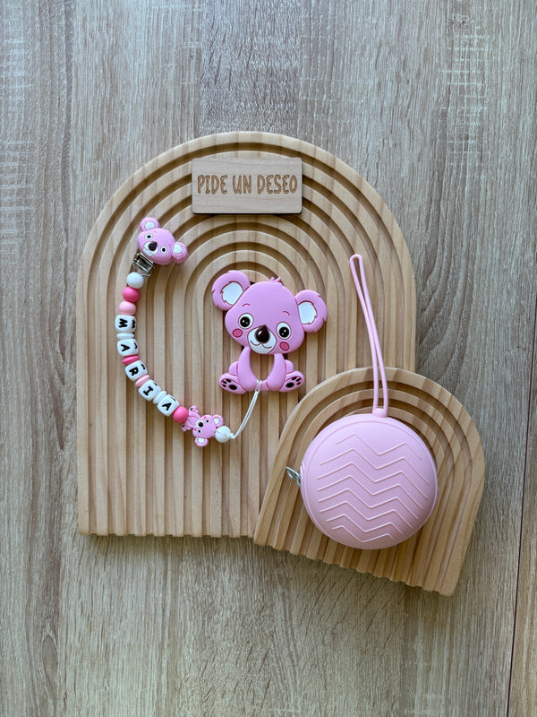 Chupetero + mordedor koala rosa y porta chupetero