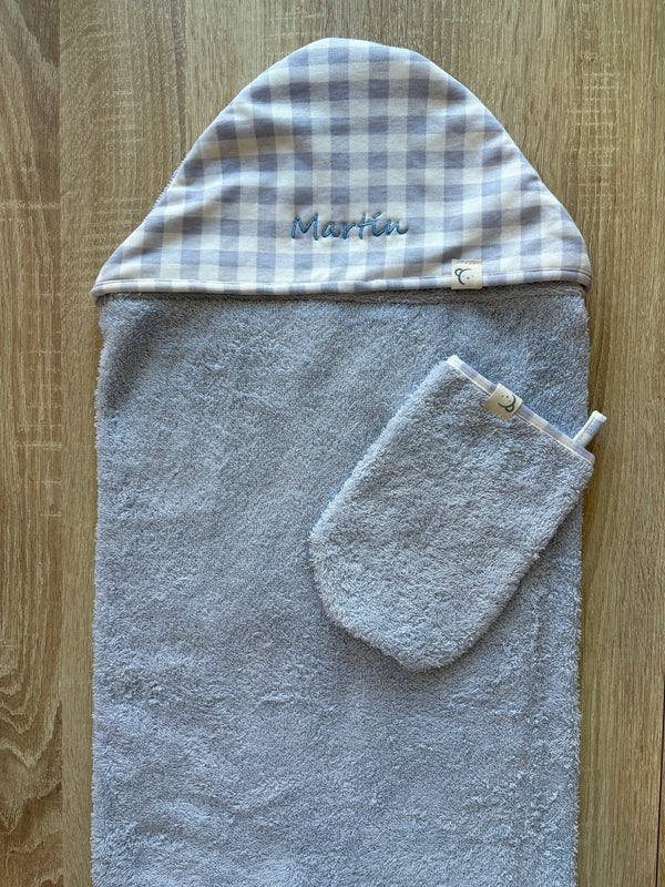 Capa de baño vichy azul y manopla